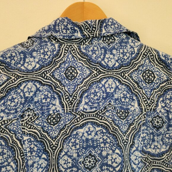 Caffe Marrakesh Blue/White Paisley Sleeveless Tunic Button Tank Top Women L Chic - Picture 8 of 14